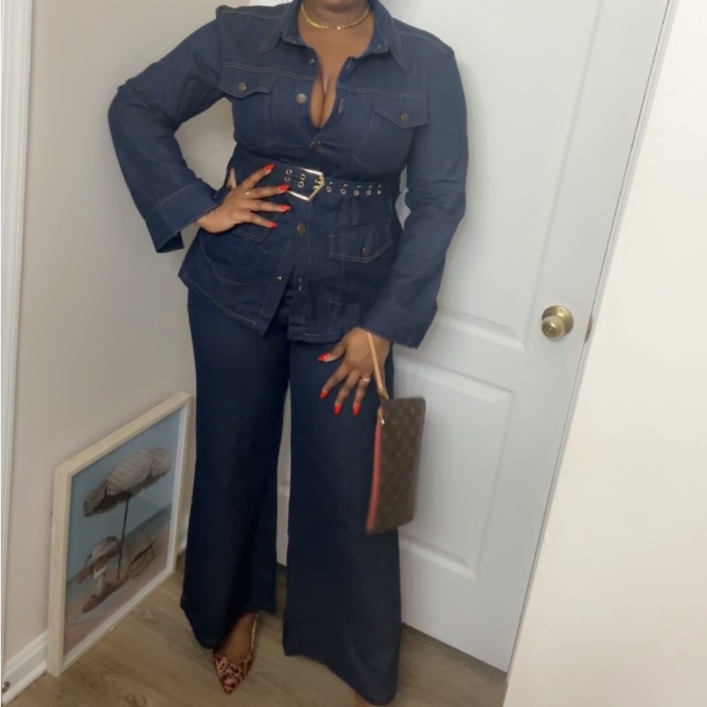 Dark Denim Belted jacket and denim pants set